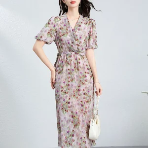 Vestido midi cruzado de seda floral para mujer Vestido de seda con mangas abullonadas