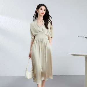 Vestido midi de seda para mujer Vestido largo de seda con cuello en V drapeado y cintura ceñida