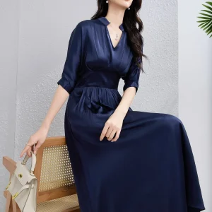 Vestido midi de seda para mujer Vestido largo drapeado con cuello en V y cintura ceñida
