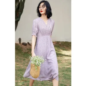 Vestido midi de seda para mujer Vestido de seda de manga con volante con volante