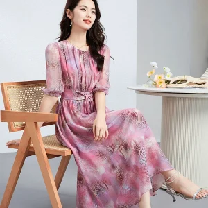 Vestido midi de seda para mujer con mangas abullonadas y cuello redondo, vestido floral de seda