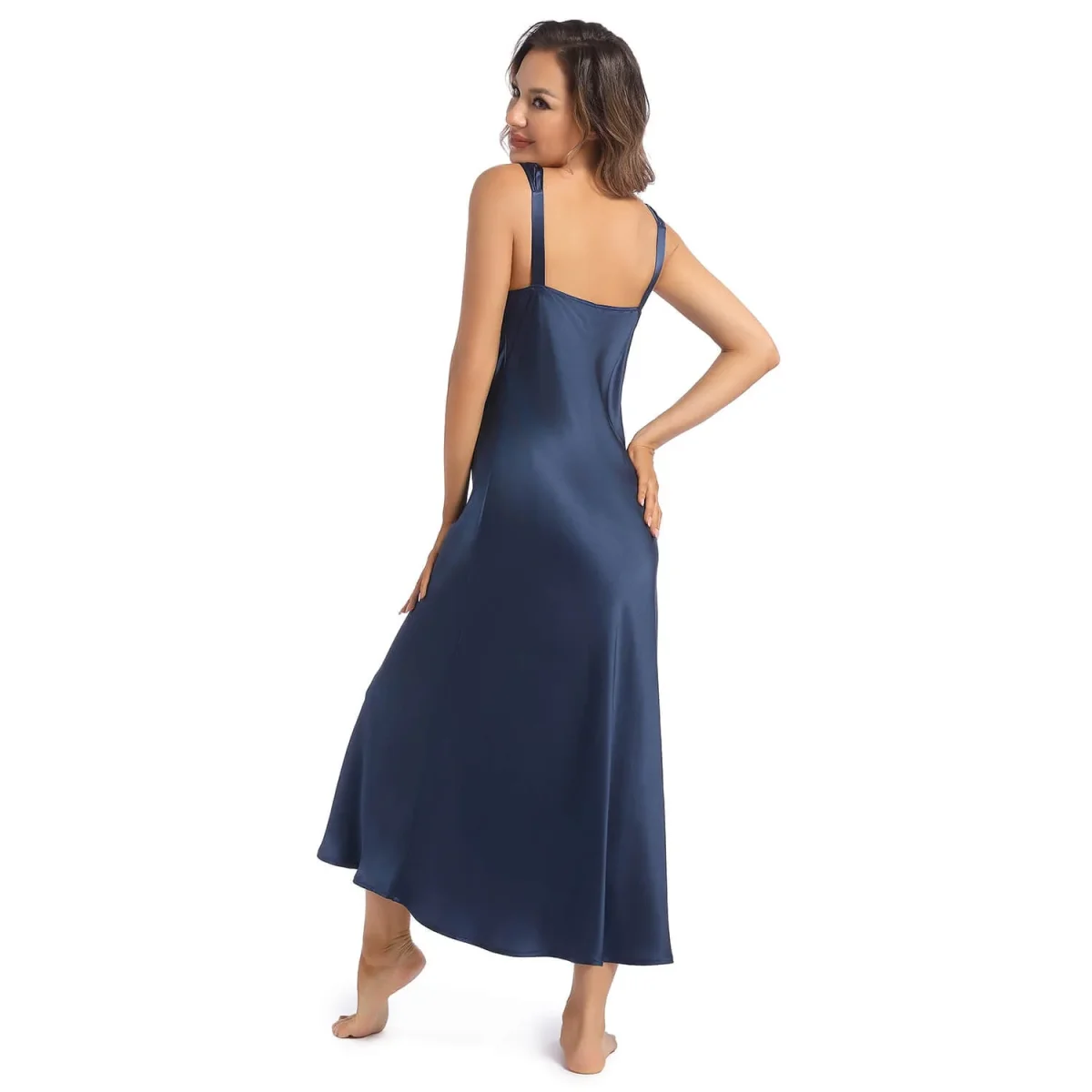 Camisón de seda largo con cuello en V y tirantes anchos para mujer - Imagen 4