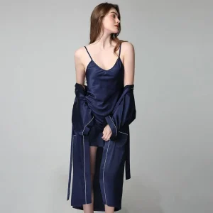 Conjunto de vestido y bata de seda para mujer Conjunto de seda con ribete en contraste