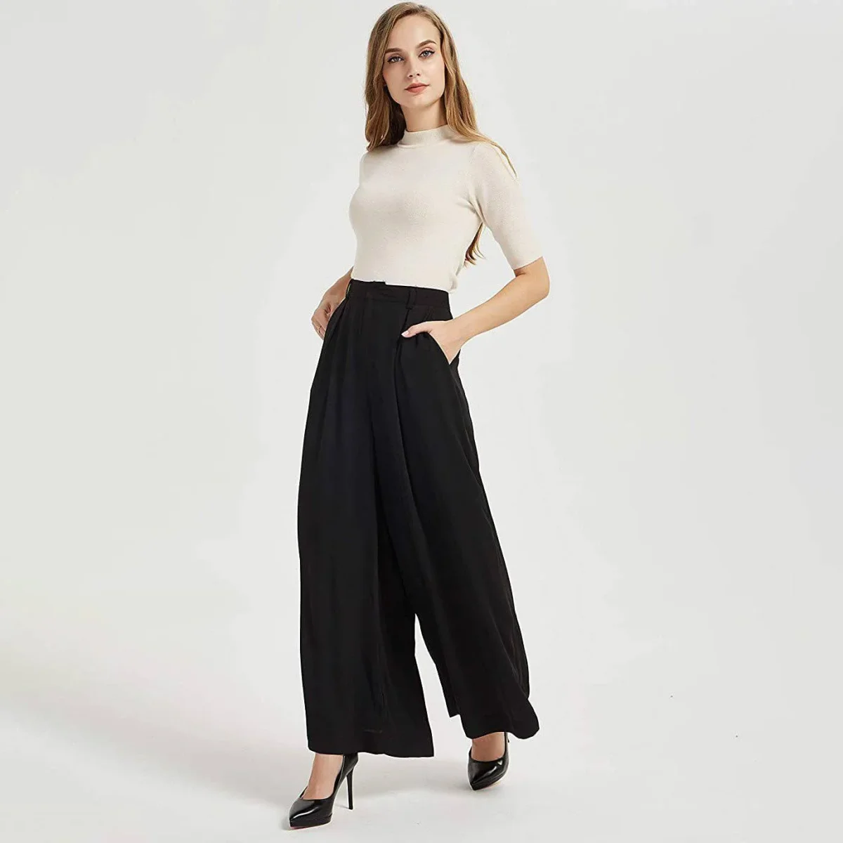 Pantalones de seda para mujer Pantalones de seda sueltos de cintura alta con bolsillos - Imagen 4