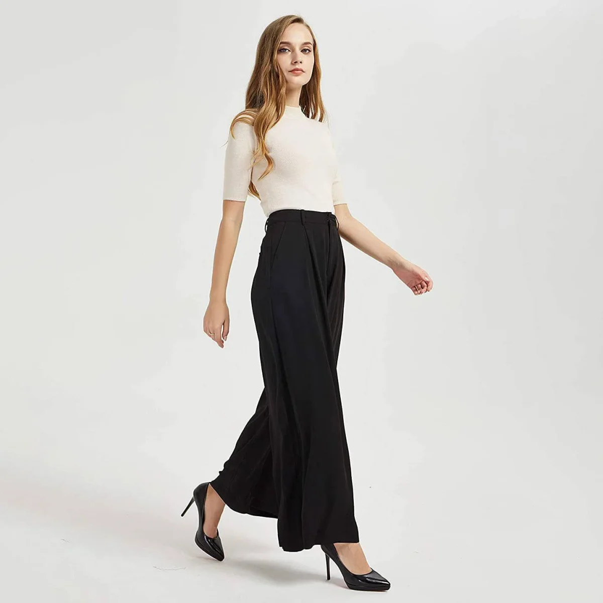 Pantalones de seda para mujer Pantalones de seda sueltos de cintura alta con bolsillos - Imagen 3