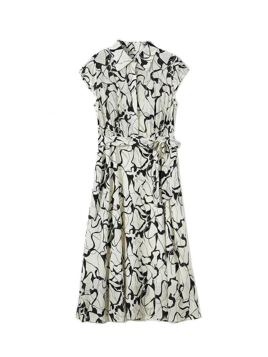 Vestido midi camisero de seda para mujer Vestido de seda con lazo en la cintura y estampado abstracto - Imagen 6