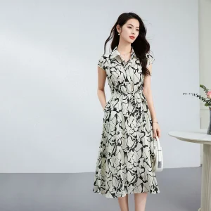 Vestido midi camisero de seda para mujer Vestido de seda con lazo en la cintura y estampado abstracto