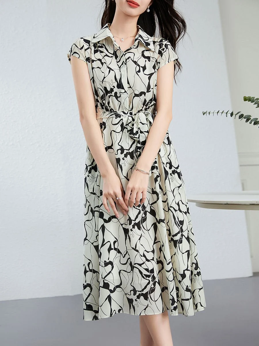 Vestido midi camisero de seda para mujer Vestido de seda con lazo en la cintura y estampado abstracto - Imagen 4