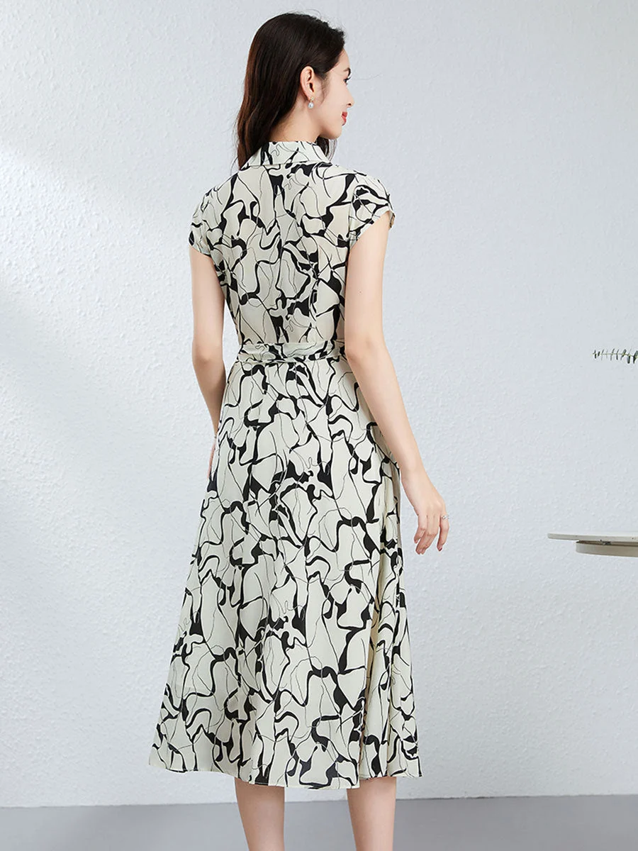 Vestido midi camisero de seda para mujer Vestido de seda con lazo en la cintura y estampado abstracto - Imagen 5
