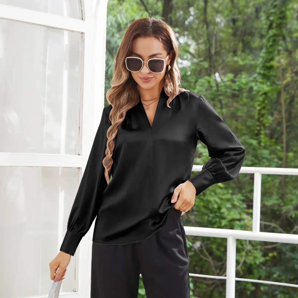 Camisas de seda para mujeres V Cuello de mangas largas Tops de trabajo casual - Imagen 4