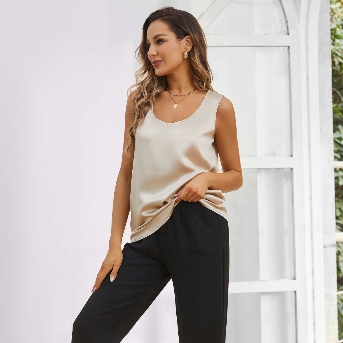 Camiseta sin mangas de seda para mujer Camisetas de seda sin mangas con cuello redondo - Imagen 6