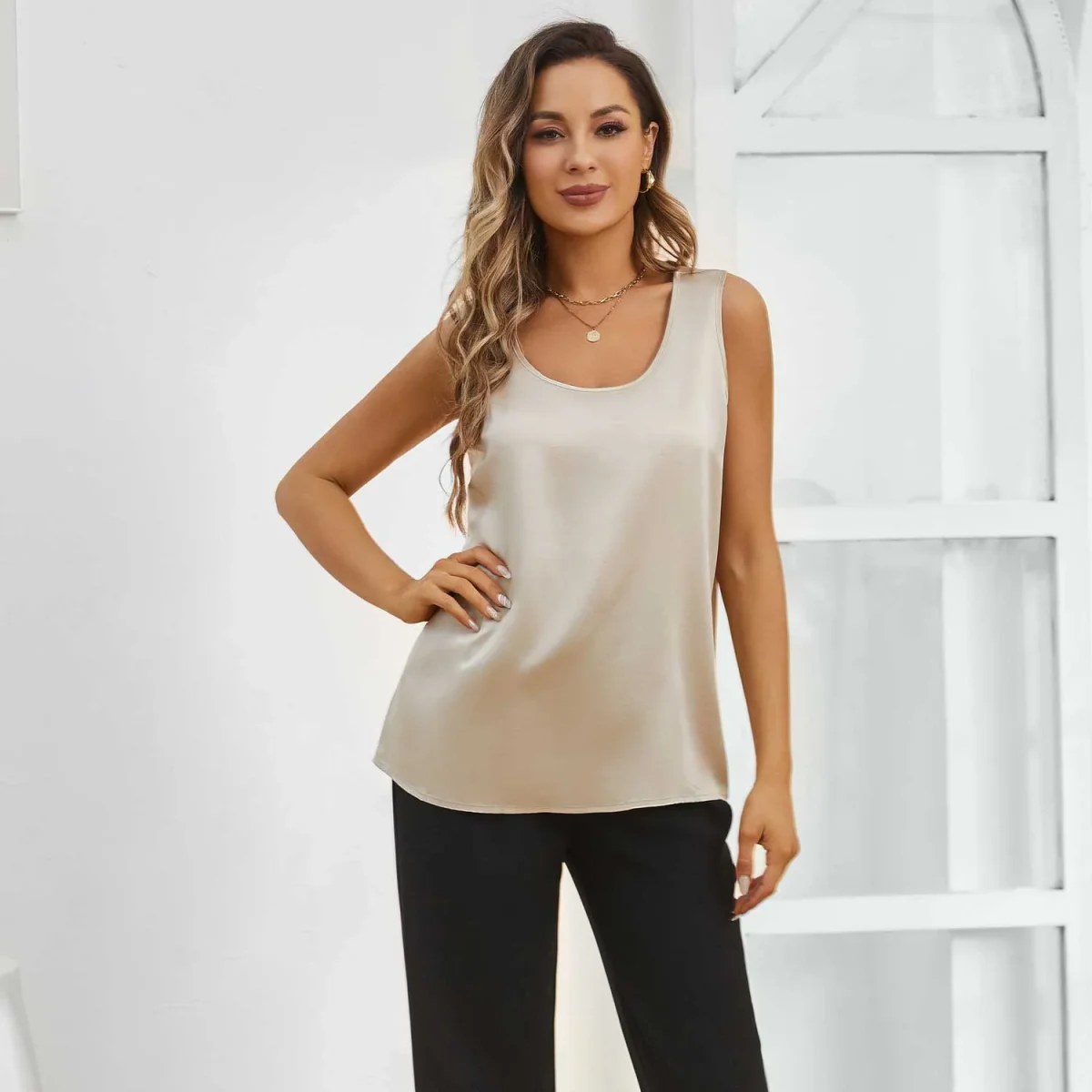 Camiseta sin mangas de seda para mujer Camisetas de seda sin mangas con cuello redondo - Imagen 8