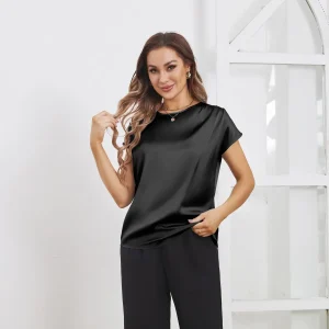 Blusa de seda para mujer Cuello redondo Manga corta Camisas de seda pura
