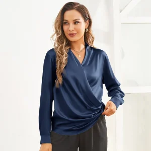 Blusa de seda casual suelta de manga larga para mujer