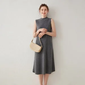 Vestido de cachemira sin mangas para mujer Vestido midi de punto de cachemira con cuello simulado
