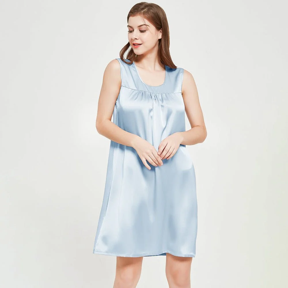Camisón de seda sin mangas para mujer Camisones de seda con frente plisado - Imagen 9