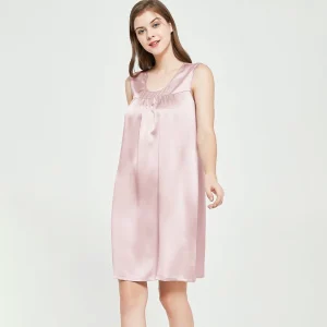 Camisón de seda sin mangas para mujer Camisones de seda con frente plisado