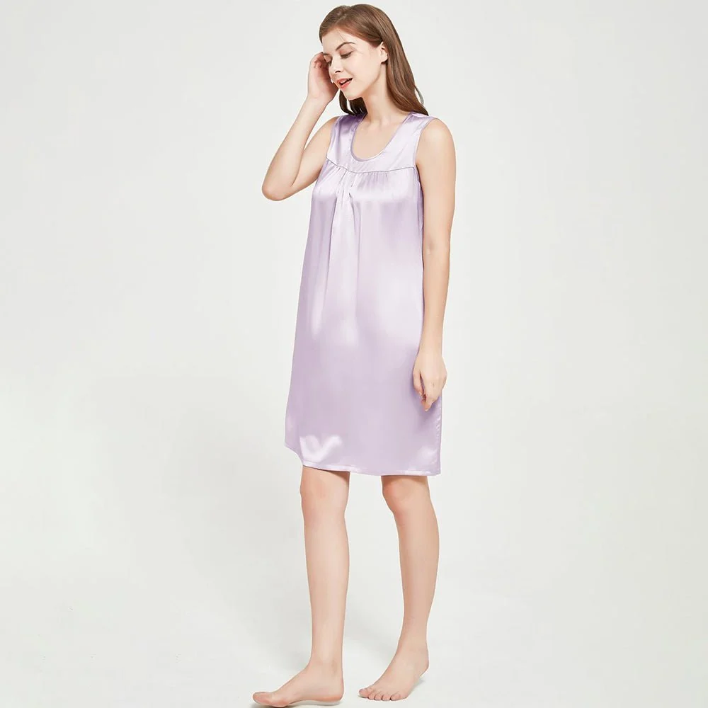 Camisón de seda sin mangas para mujer Camisones de seda con frente plisado - Imagen 6