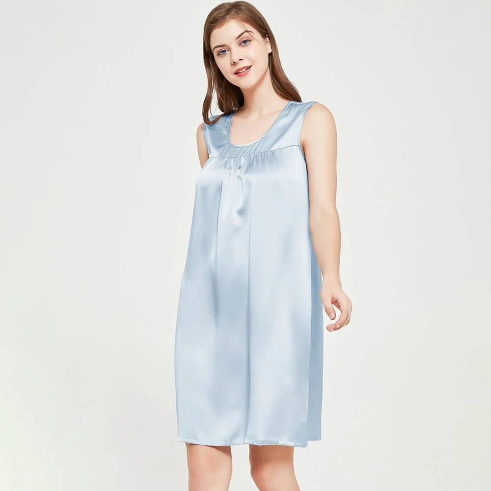 Camisón de seda sin mangas para mujer Camisones de seda con frente plisado - Imagen 8