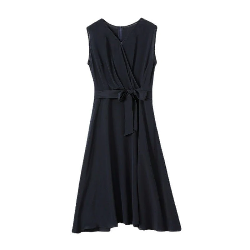 Vestido midi cruzado de seda sin mangas para mujer Vestido de seda con dobladillo fluido - Imagen 5