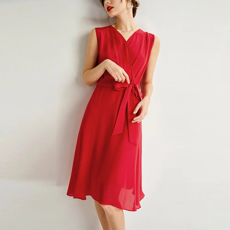 Vestido midi cruzado de seda sin mangas para mujer Vestido de seda con dobladillo fluido - Imagen 7