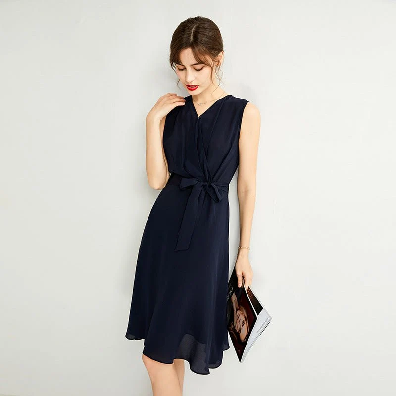 Vestido midi cruzado de seda sin mangas para mujer Vestido de seda con dobladillo fluido - Imagen 4