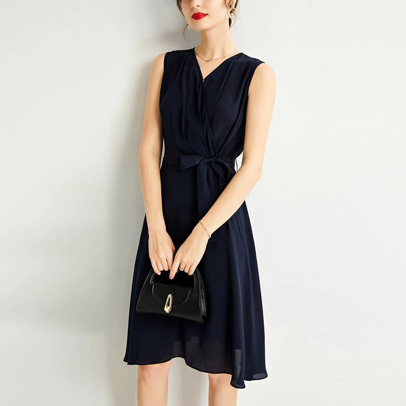 Vestido midi cruzado de seda sin mangas para mujer Vestido de seda con dobladillo fluido - Imagen 3