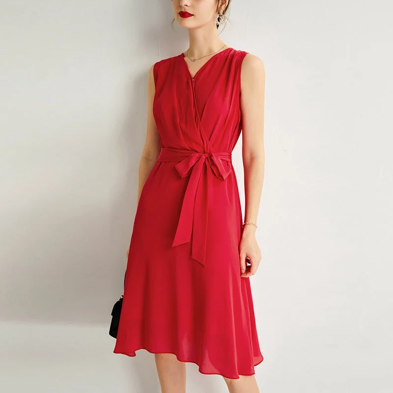 Vestido midi cruzado de seda sin mangas para mujer Vestido de seda con dobladillo fluido - Imagen 6