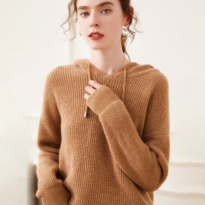 Sudadera con capucha de cachemira de punto gofre para mujer Suéter de cachemira de manga larga con capucha