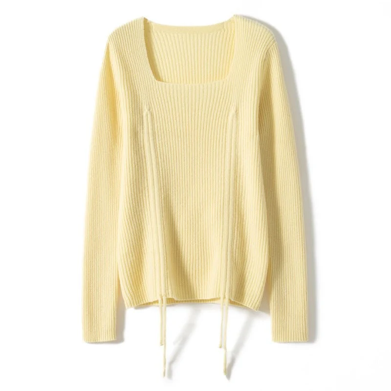 Jersey de cachemira con cuello cuadrado para mujer Jersey de cachemira de punto fruncido - Imagen 6