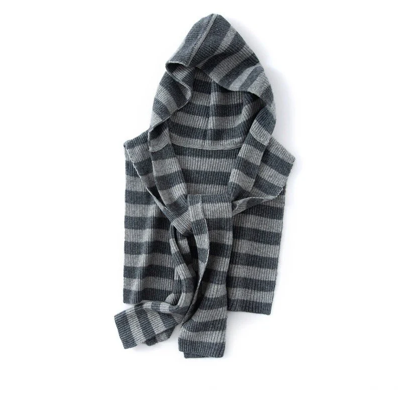 Bufanda con capucha de cachemira a rayas para mujer Abrigo de punto de cachemira con sudadera con capucha - Imagen 5