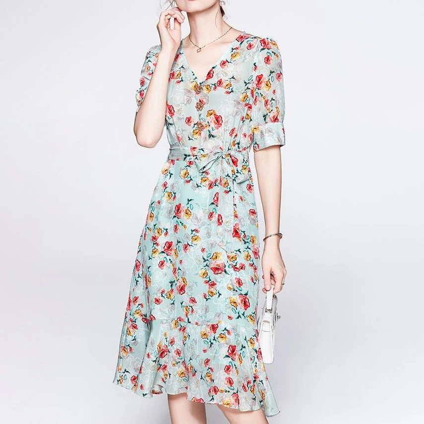 Vestido floral de seda de verano para mujeres V Cuella de seda de fiesta de seda invitada - Imagen 5