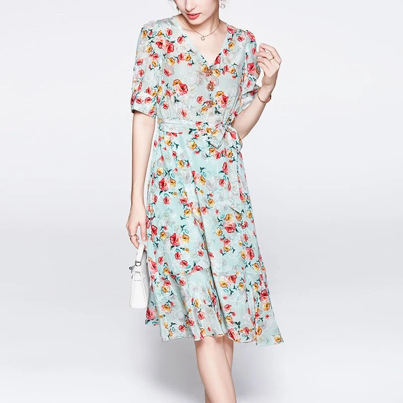 Vestido floral de seda de verano para mujeres V Cuella de seda de fiesta de seda invitada - Imagen 6