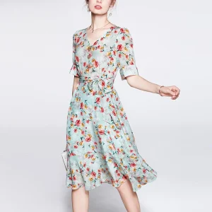 Vestido floral de seda de verano para mujeres V Cuella de seda de fiesta de seda invitada