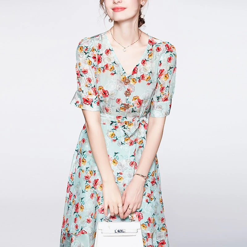 Vestido floral de seda de verano para mujeres V Cuella de seda de fiesta de seda invitada - Imagen 3