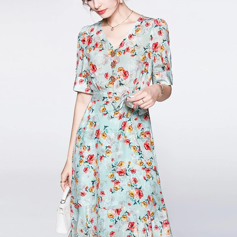 Vestido floral de seda de verano para mujeres V Cuella de seda de fiesta de seda invitada - Imagen 4