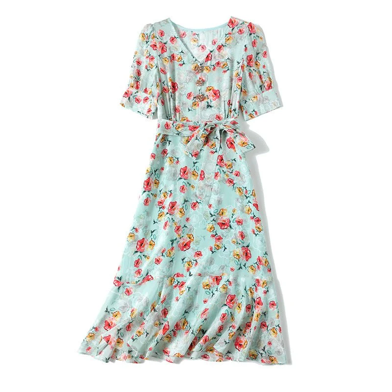 Vestido floral de seda de verano para mujeres V Cuella de seda de fiesta de seda invitada - Imagen 8