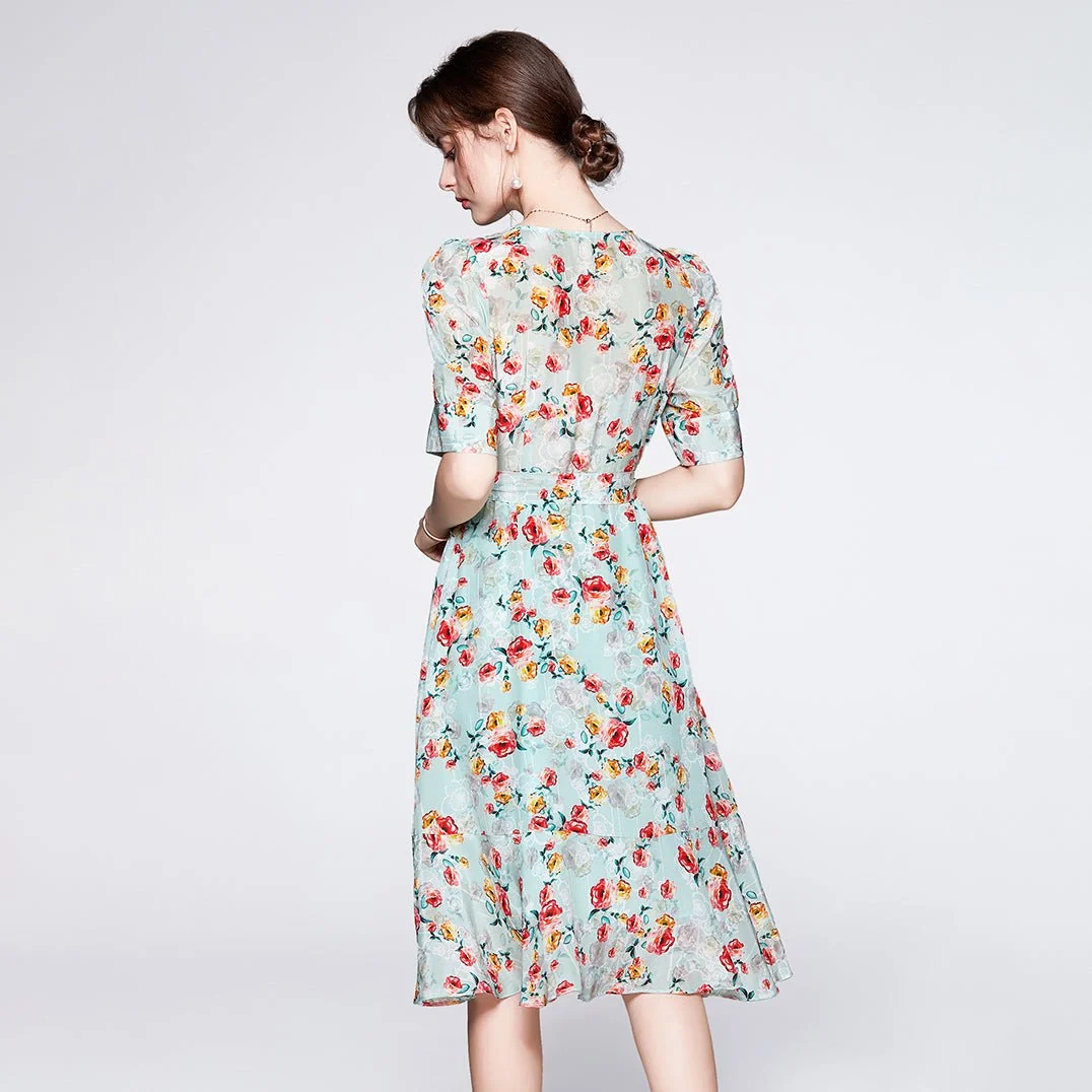 Vestido floral de seda de verano para mujeres V Cuella de seda de fiesta de seda invitada - Imagen 7