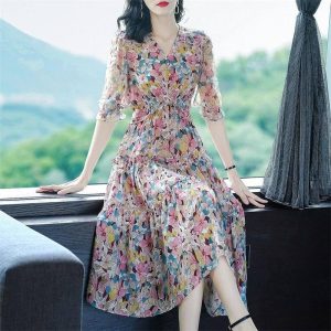 Vestido de seda con estampado floral para mujer Vestidos casuales de seda con cuello en V