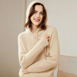 Condemo de cachemira Pure Pure Womens con puños acanalados 100% de cachemir sudadera con capucha