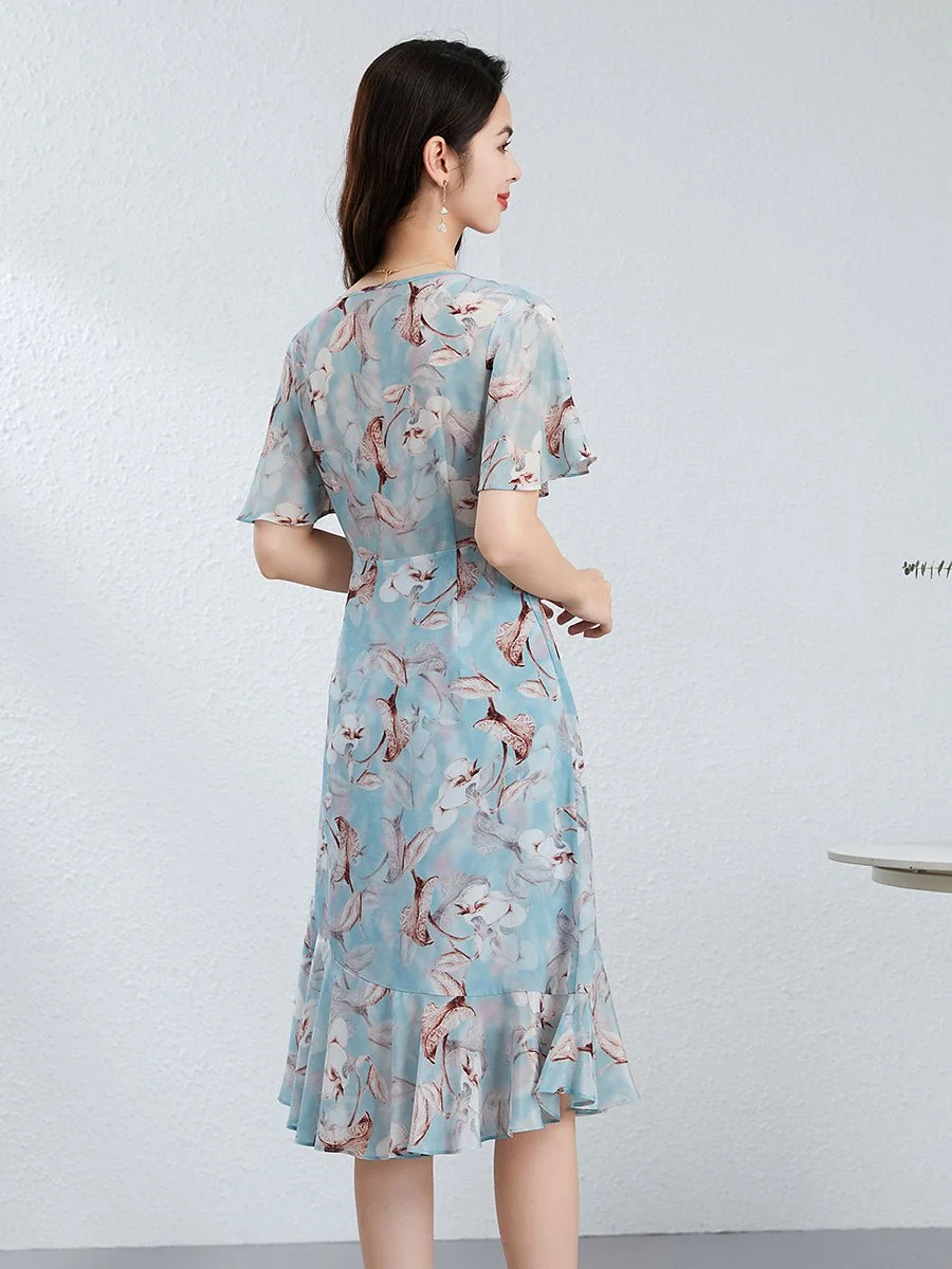 Vestido floral de seda con cuello anudado para mujer Vestido midi de seda con mangas aleteadas - Imagen 4