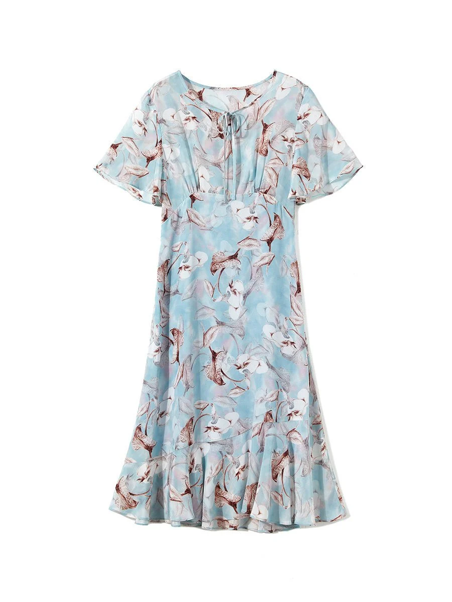 Vestido floral de seda con cuello anudado para mujer Vestido midi de seda con mangas aleteadas - Imagen 5