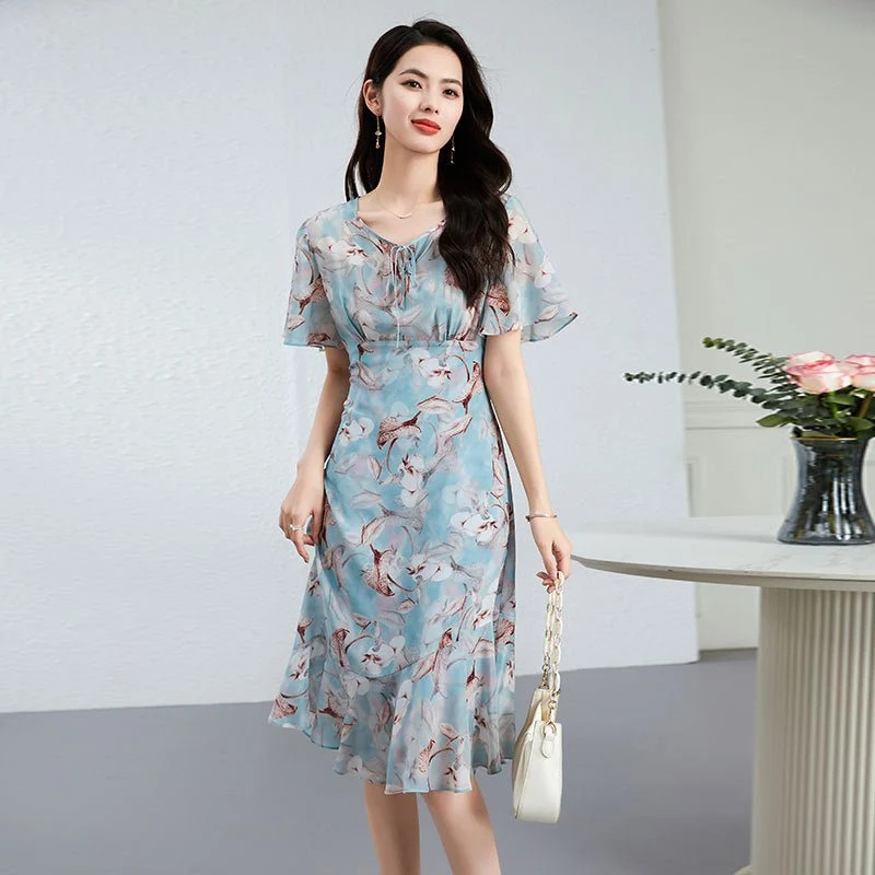 Vestido floral de seda con cuello anudado para mujer Vestido midi de seda con mangas aleteadas - Imagen 3