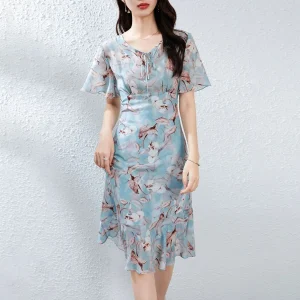 Vestido floral de seda con cuello anudado para mujer Vestido midi de seda con mangas aleteadas