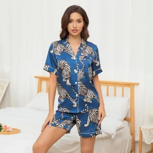 Conjunto de pijama de seda con estampado de tigre para mujer Ropa de dormir corta de seda