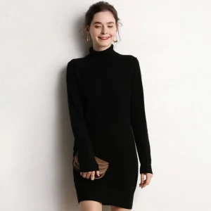 Vestido de cachemira con cuello alto para mujer Vestido mini de punto de manga larga