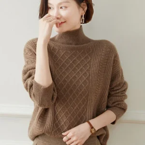 Cable de diamante de mujer Turtleneck Cashmere Sweater Cachemeria