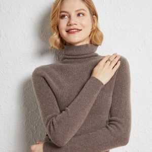 Suéter de cachemira con cuello alto para mujer Jersey de cachemira de punto acanalado