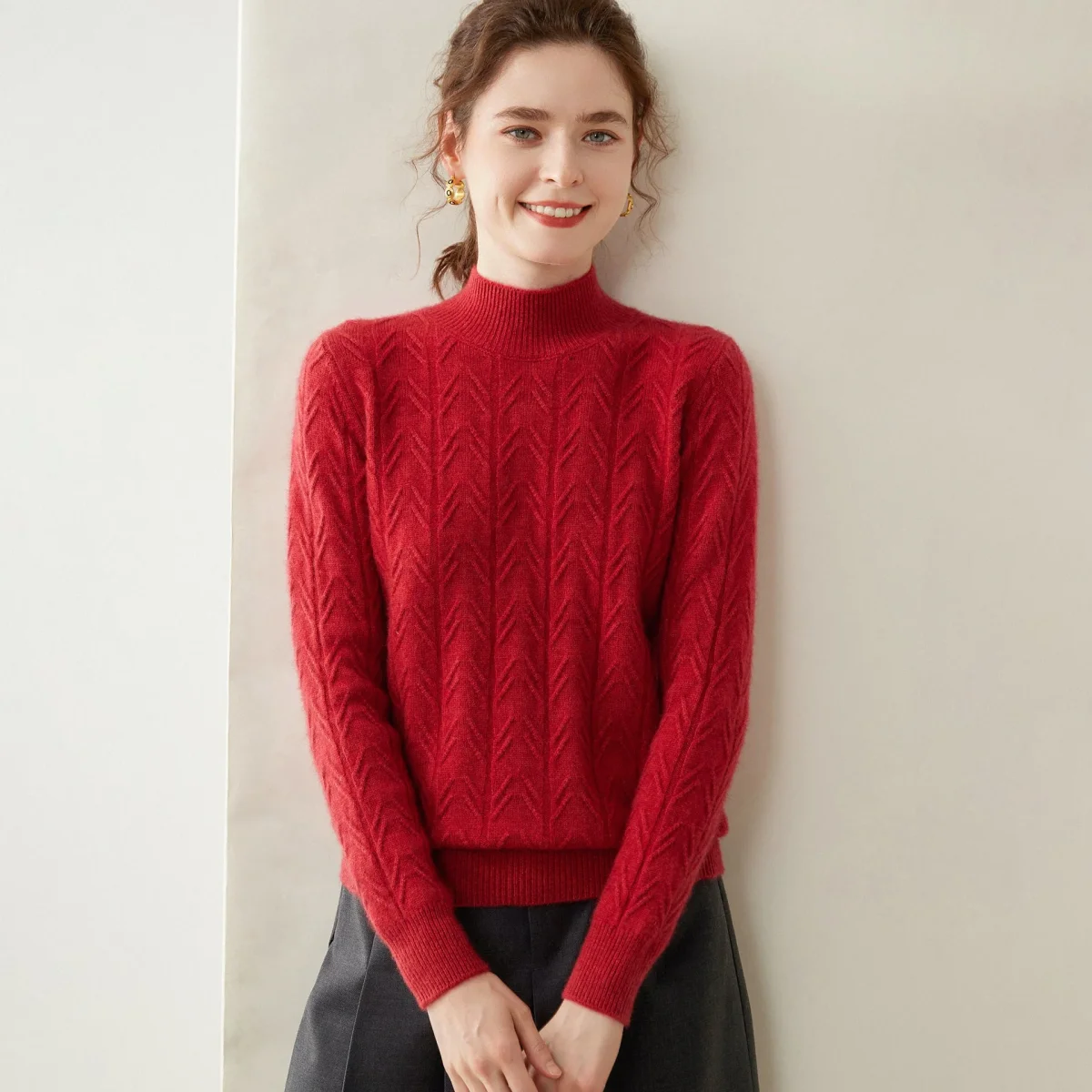 Suéter de cachemira con cuello alto para mujer Jersey de punto de cachemira texturizado multicolores - Imagen 7