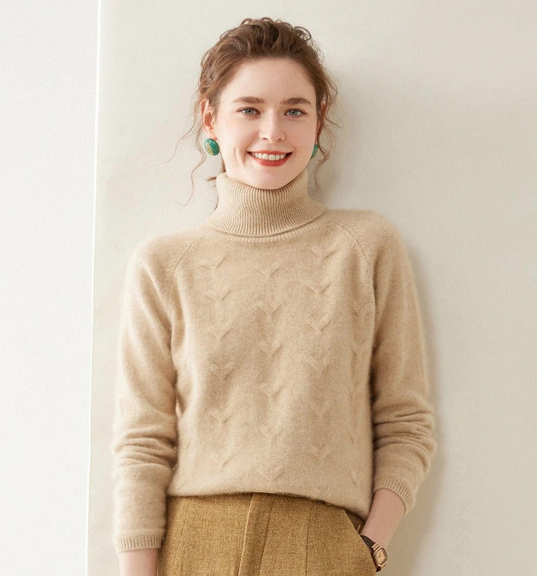 Suéter de cachemira con cuello alto para mujer Jersey de cuello alto de punto texturizado - Imagen 6